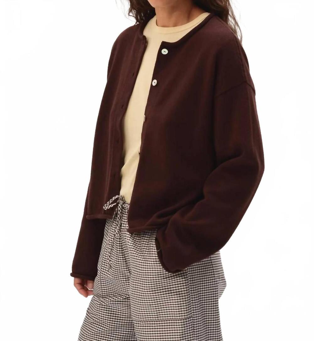 NEW DONNI. cotton knit roll cardigan in espresso - Picture 3 of 7